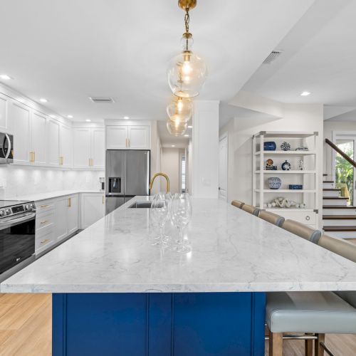 Bright kitchen with large white island