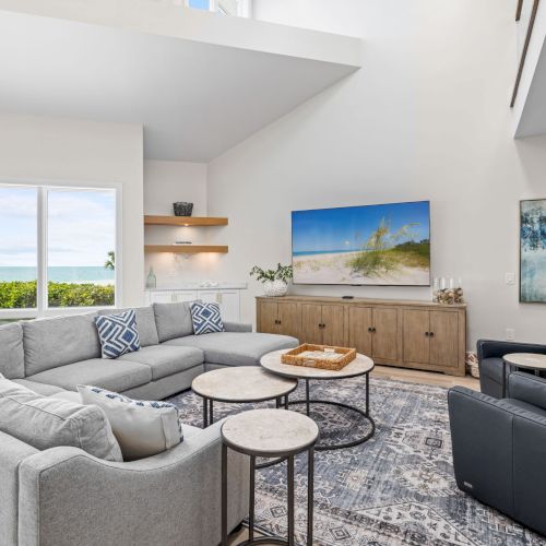 Cozy living area with TV and patterned rug