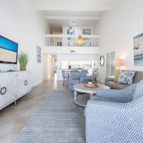 Sofa and TV in the living room, and the kitchen behind it