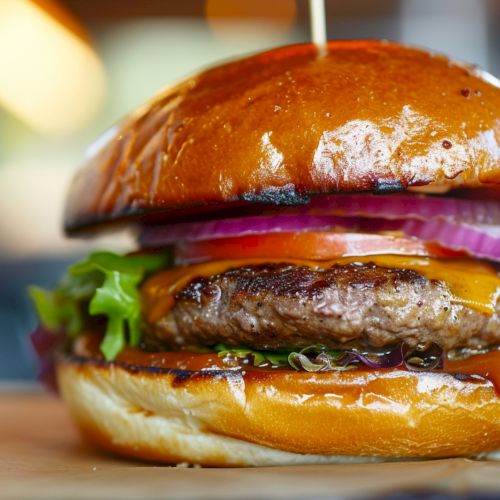 Close up of a juicy cheeseburger with lettuce and onions