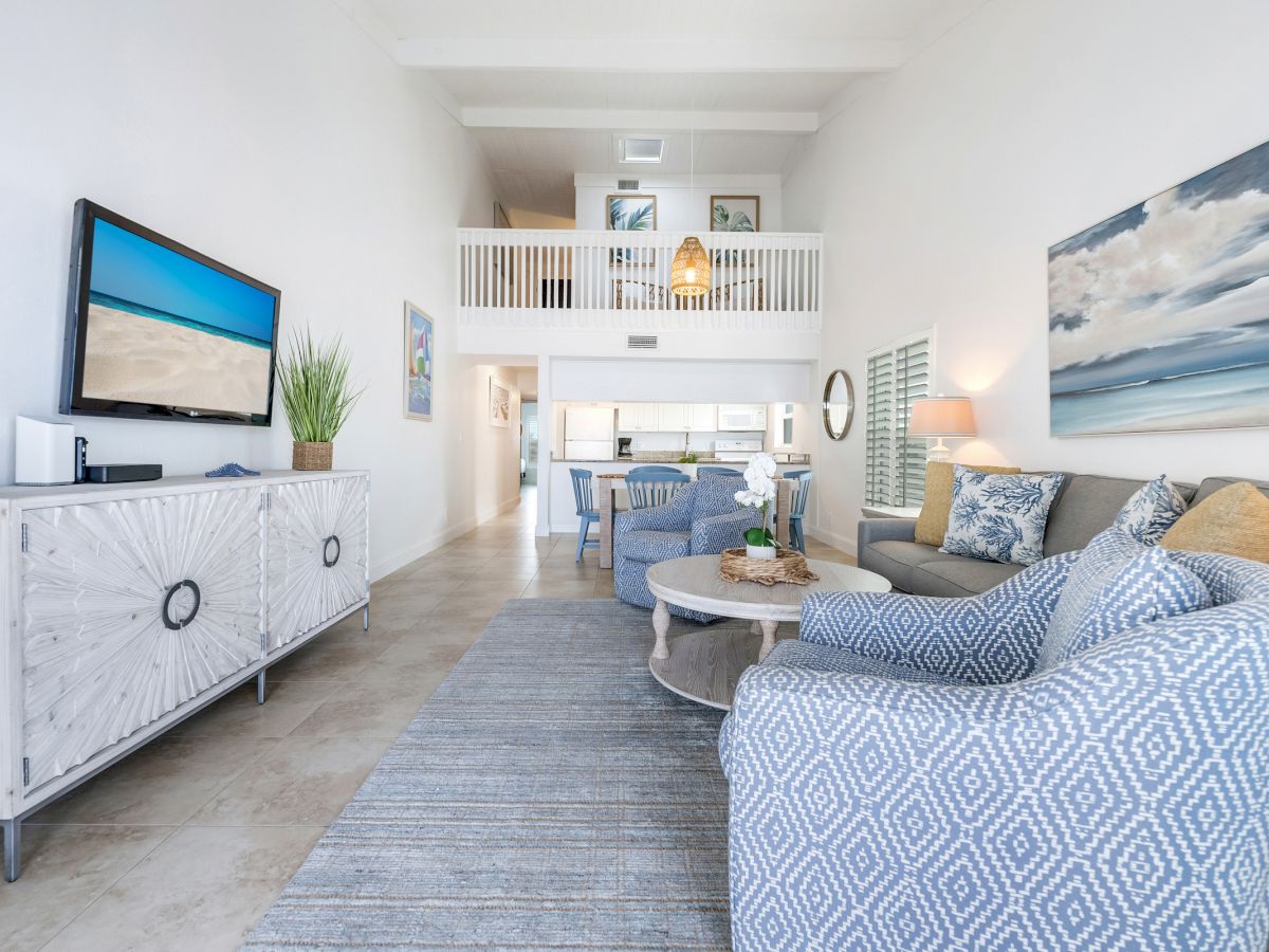 Sofa and TV in the living room, and the kitchen behind it