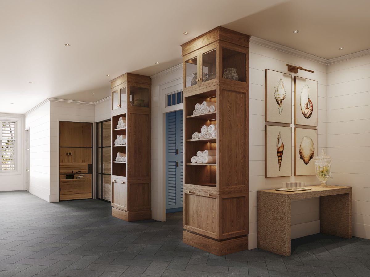 Cozy spa lobby with warm wood details and coastal decor