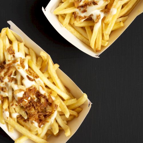 French fries with cheese sauce and onion in paper boxes
