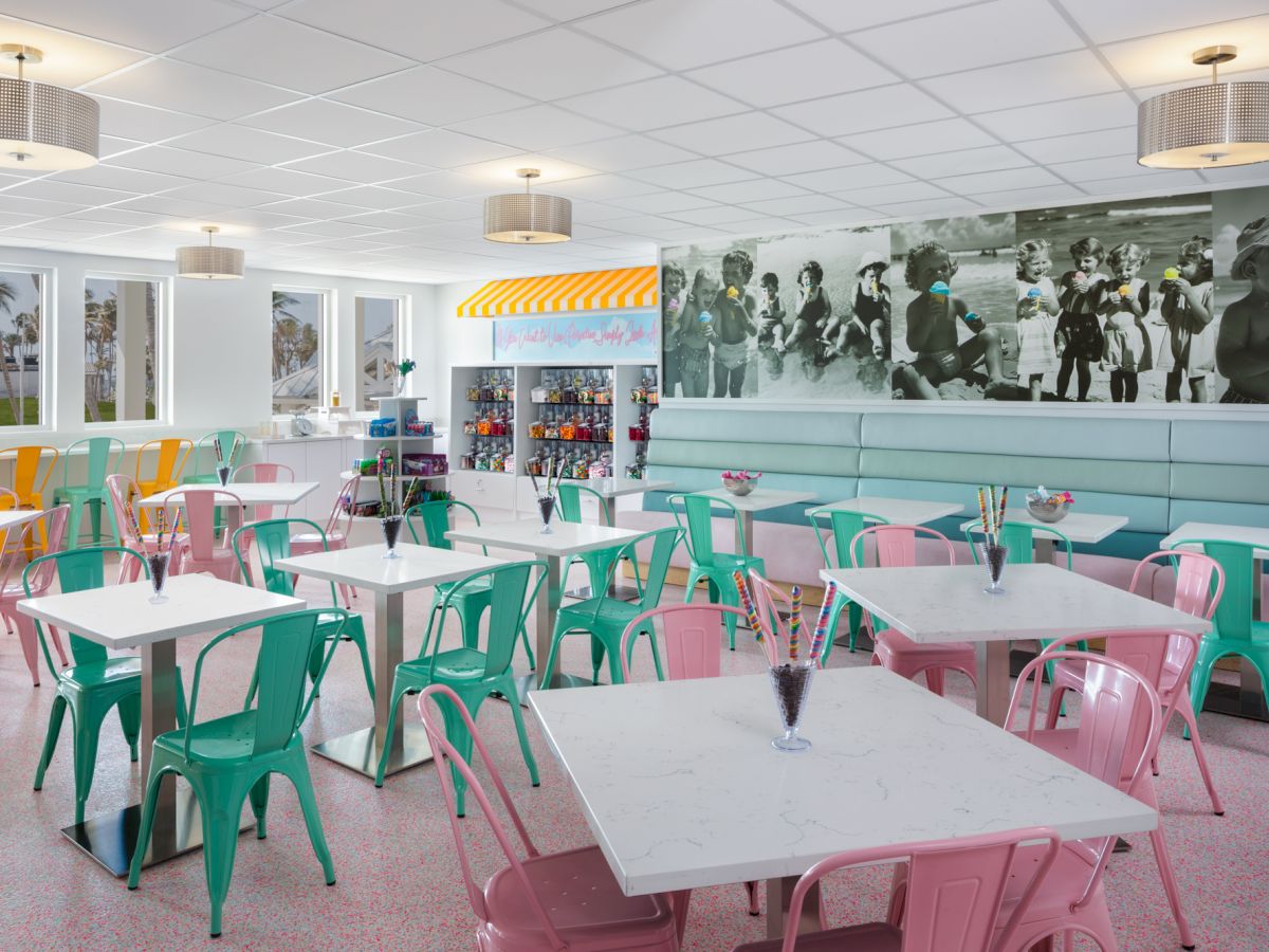 Casual dining area with colorful seating at South Seas