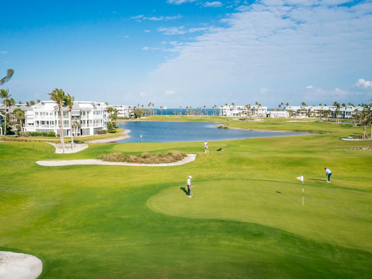 Golfers on a scenic course with water views and palm trees