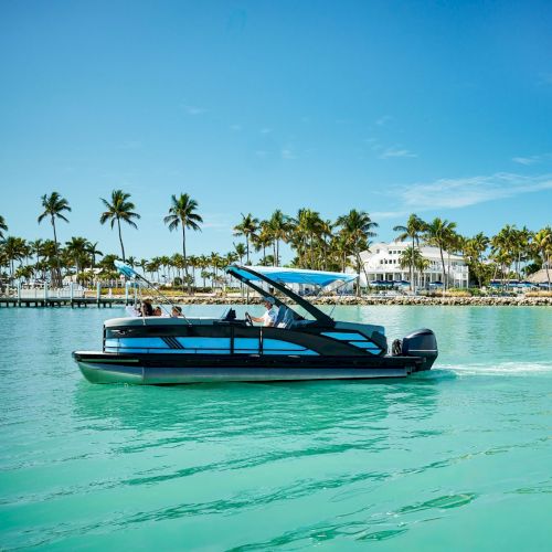 A blue pontoon boat glides on clear turquoise water near a palm-lined beach resort under a bright sunny sky.