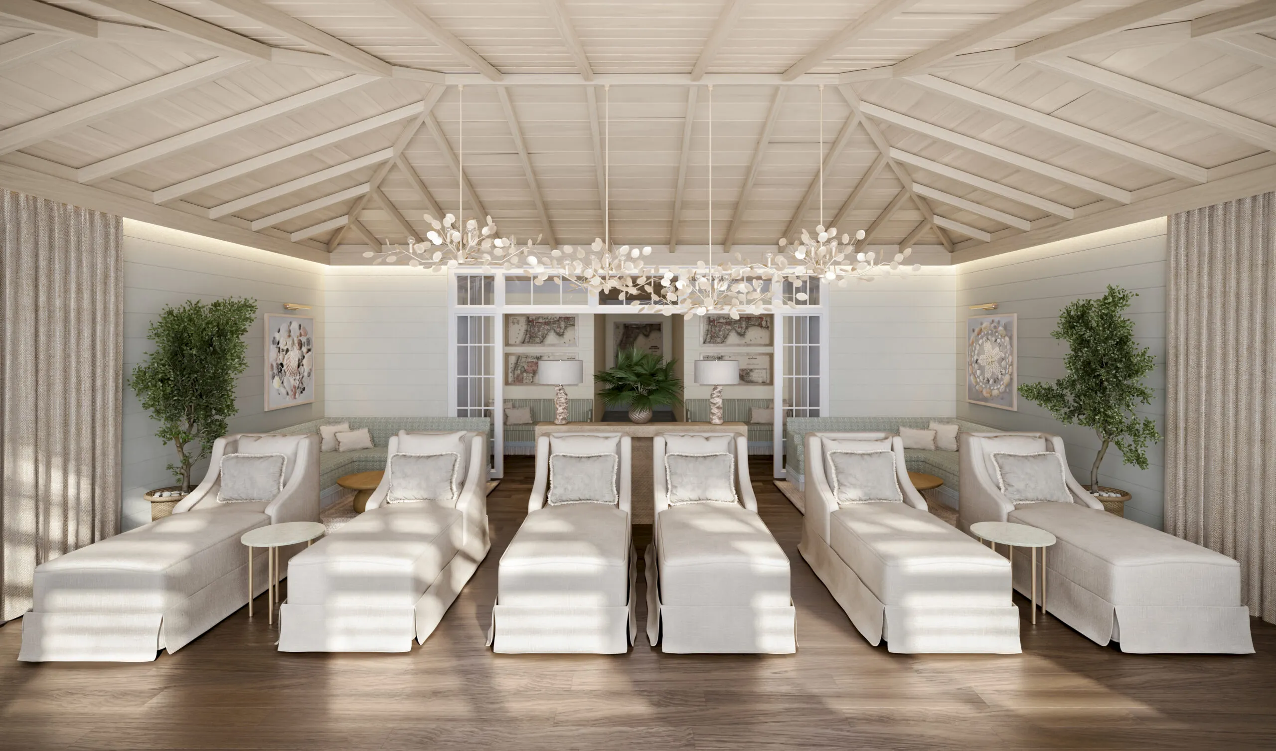 Spa relaxation lounge with white chairs at South Seas