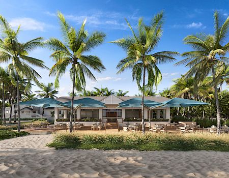 Beachside dining spot with palm trees and umbrellas