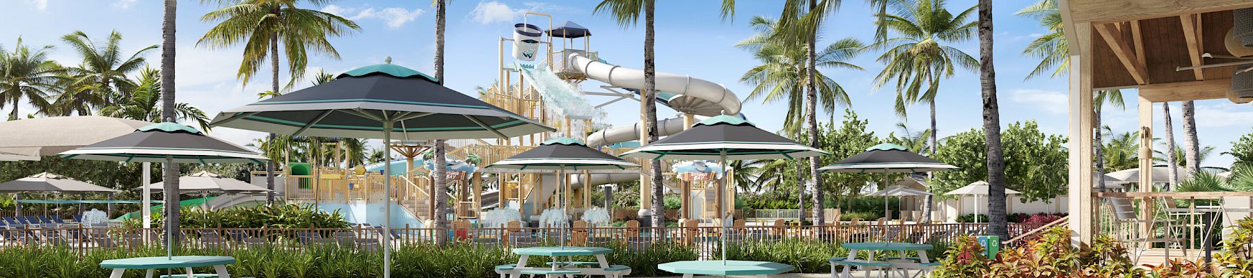 Shaded picnic area near the Captiva Landing water park play area, surrounded by palm trees