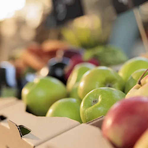 Natural organic food and health. Close up of fresh ripe green apples at farmers market, selective focus. Cardboard boxes full of various local seasonal fruits and vegetables on greenmarket stall