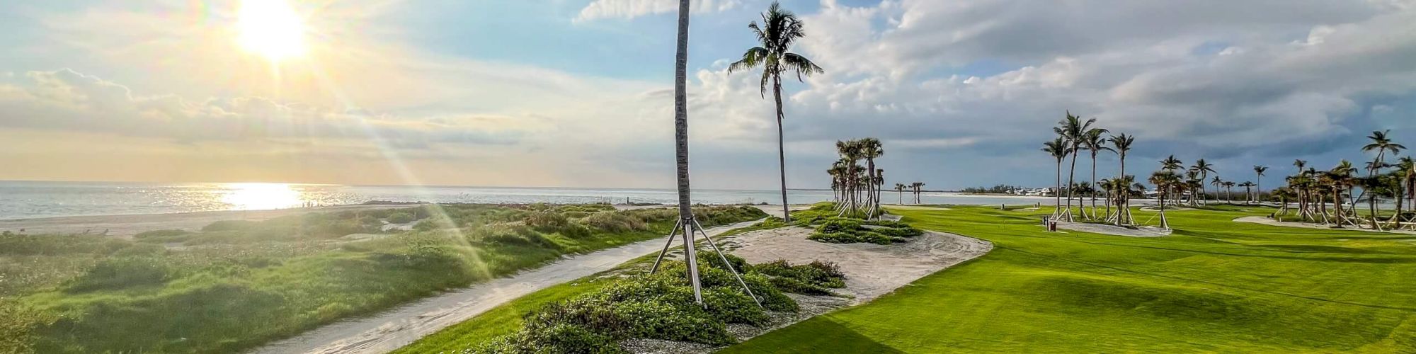 Palm lined golf course with ocean views at sunset