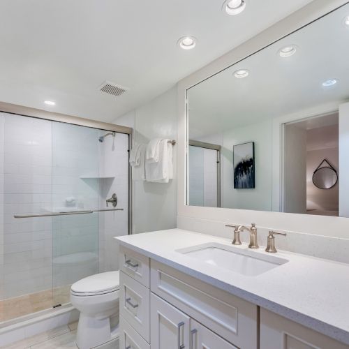 Bathroom with shower, toilet, and wide mirror