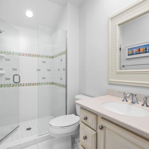 Bathroom with glass shower and white vanity
