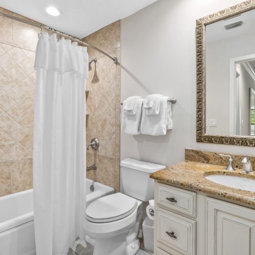 Bathroom with shower curtain, toilet, and vanity with mirror