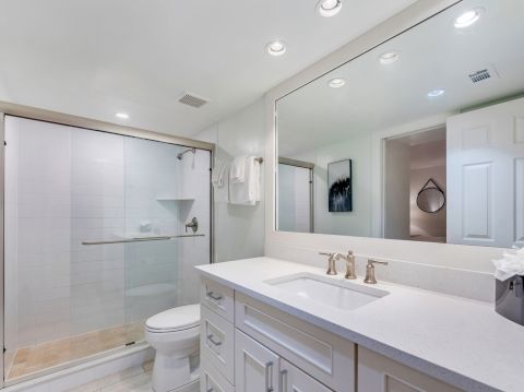 Bathroom with shower, toilet, and wide mirror