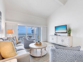 Sofa, chairs, coffee table, TV, and balcony view.