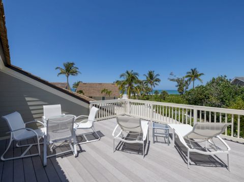 Rooftop deck with lounge chairs and palm tree view