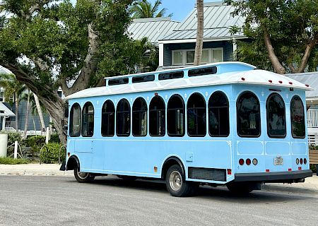 A blue trolley bus drives past lush palm trees under a bright blue sky with scattered clouds.