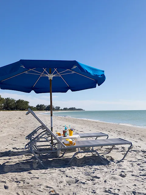 A blue beach umbrella shades lounge chairs with snacks and drinks on a sunny sandy shoreline by the calm ocean.