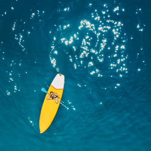 Aerial view of a yellow kayak/surfboard with a dog in blue water, as bright sparking trails swirl below.
