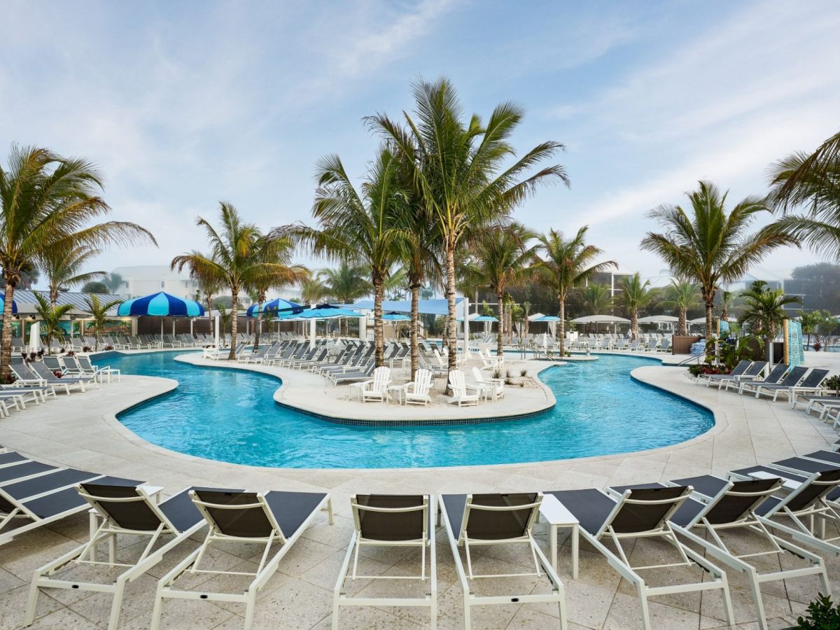 Captiva Landing lazy river surrounded by palm trees at South Seas