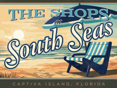 A retro beach sign reads &ldquo;THE SHOPS at South Village&rdquo; with &ldquo;Captiva Island, Florida&rdquo; beneath it.